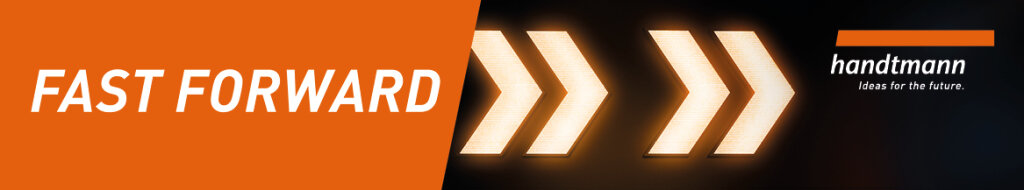 E-Mail-Signatur von Handtmann Systemtechnik mit dem Claim FAST FORWARD, leuchtenden Pfeilelementen und dem Handtmann Logo.