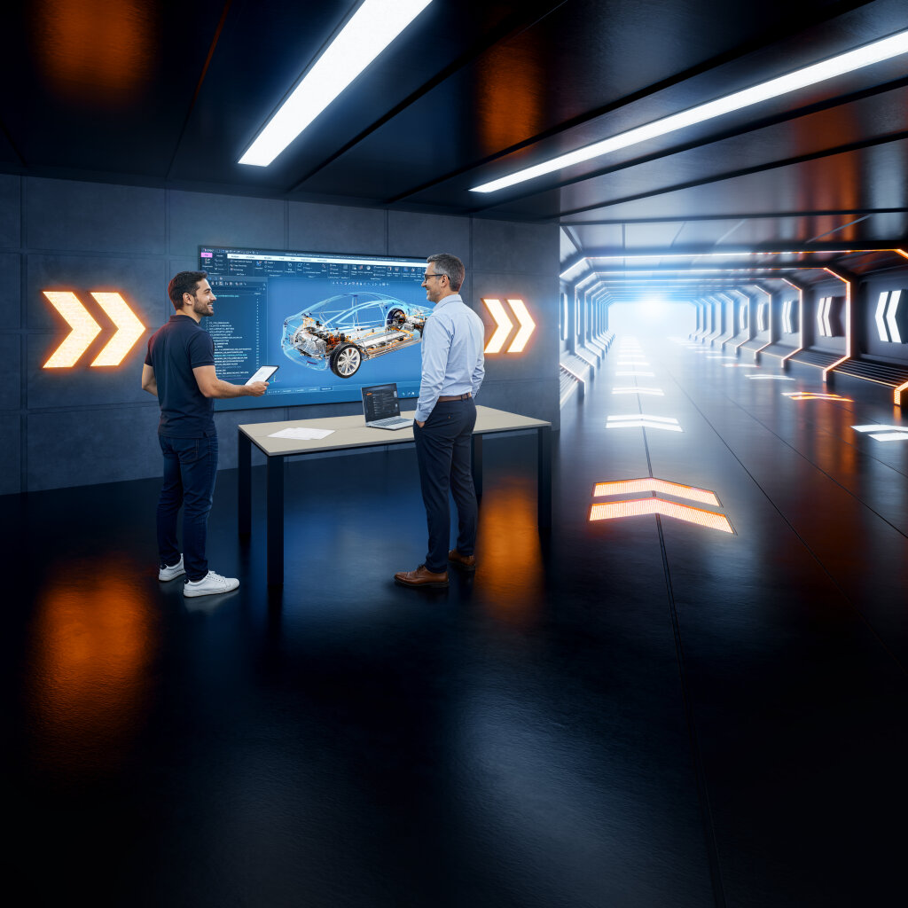 Zwei Ingenieure besprechen eine digitale Fahrzeugkonstruktion in einer futuristischen Entwicklungsumgebung als Key Visual f&uuml;r Handtmann Systemtechnik.