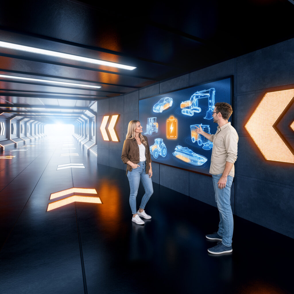 Zwei Personen besprechen digitale Darstellungen elektrifizierter Fahrzeuge und Maschinen in einer futuristischen Umgebung als Key Visual f&uuml;r Handtmann Systemtechnik.