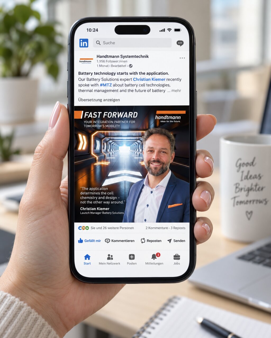 LinkedIn-Beitrag von Handtmann Systemtechnik zur Batterietechnologie mit dem neuen Key Visual und Corporate Design von SYNBRAND.