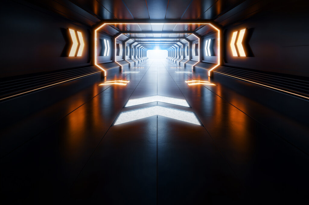 Key Visual Handtmann: Futuristischer, beleuchteter Tunnel mit orangefarbenen und blauen Lichtakzenten sowie leuchtenden Richtungspfeilen, die den Weg in eine helle Zukunft weisen.